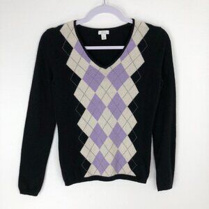 Apt.9 Cashmere Sweater Women Small Black Purple Argyle Lightweight V-Neck Soft